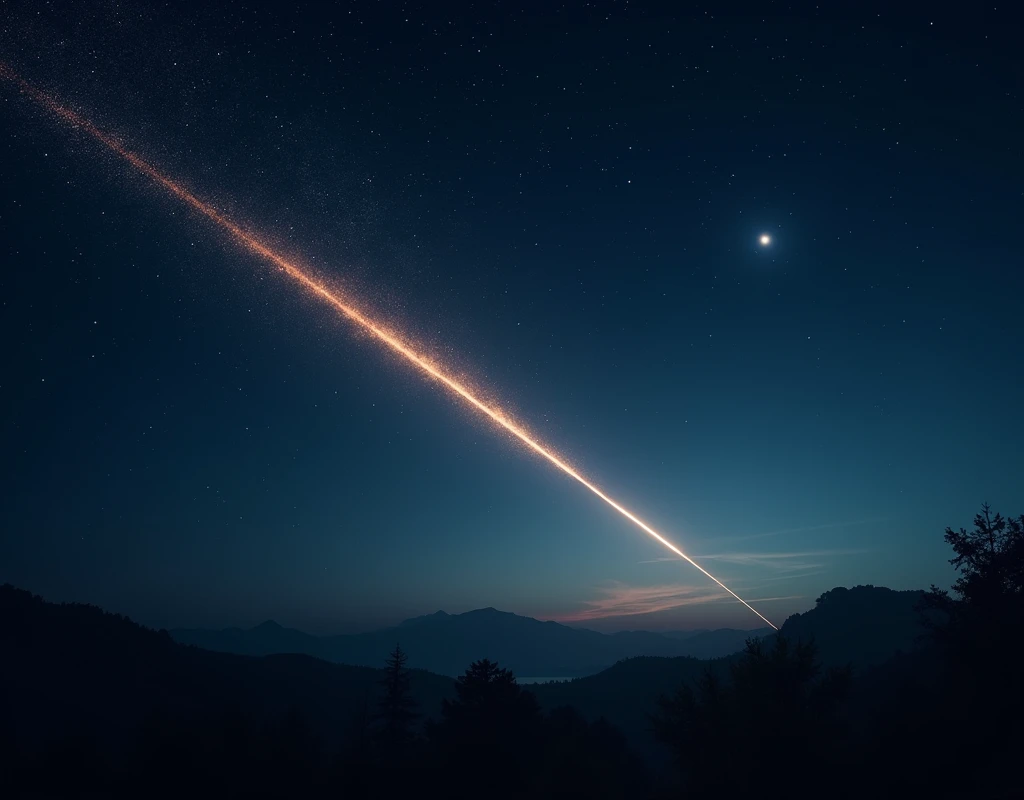 night sky will shooting star, hyperrealistic, realistic image of a shooting star, professional photography