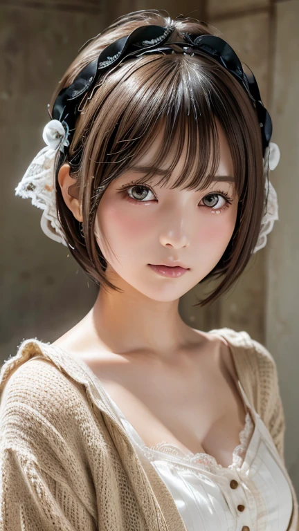 Highest quality, Face Focus, Soft Light, Ultra-high resolution, (Realistic:1.4), RAW Photos,
One of the Japan, alone, cute, (pupil, light in your eyes),  Beautiful face in every detail, (Gothic Maid Outfit、Headdress、Very fine lace),(High resolution detail of human skin texture),
(Bobcut)、Loose and fluffy hair、
indoor,
cardigan、sheer
(Portraiture)