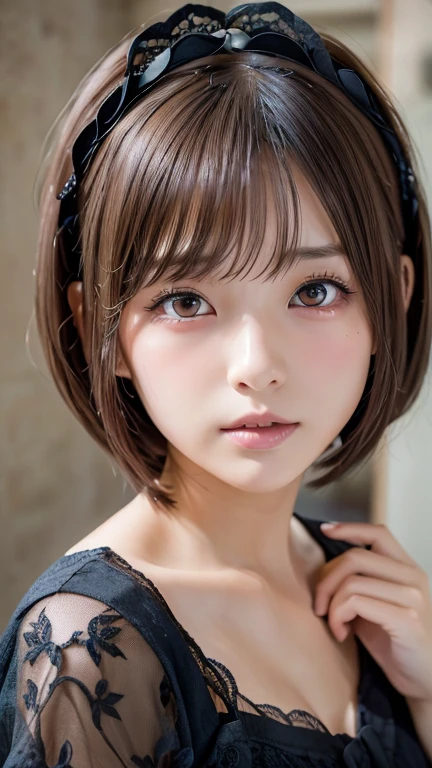 Highest quality, Face Focus, Soft Light, Ultra-high resolution, (Realistic:1.4), RAW Photos,
One of the Japan, alone, cute, (pupil, light in your eyes),  Beautiful face in every detail, (Gothic Maid Outfit、Headdress、Very fine lace),(High resolution detail of human skin texture),
(Bobcut)、Loose and fluffy hair、
indoor,
cardigan、sheer
(Portraiture)