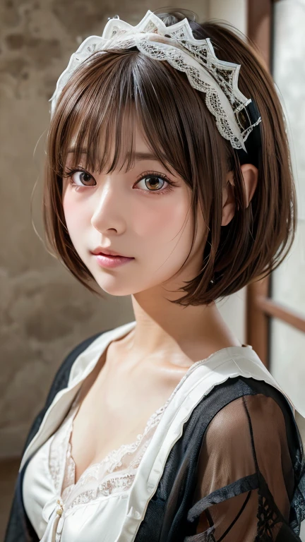 Highest quality, Face Focus, Soft Light, Ultra-high resolution, (Realistic:1.4), RAW Photos,
One of the Japan, alone, cute, (pupil, light in your eyes), Beautiful face in every detail, (Gothic Maid Outfit、Headdress、Very fine lace),(High resolution detail of human skin texture),
(Bobcut)、Loose and fluffy hair、
indoor,
cardigan、sheer
(Portraiture)