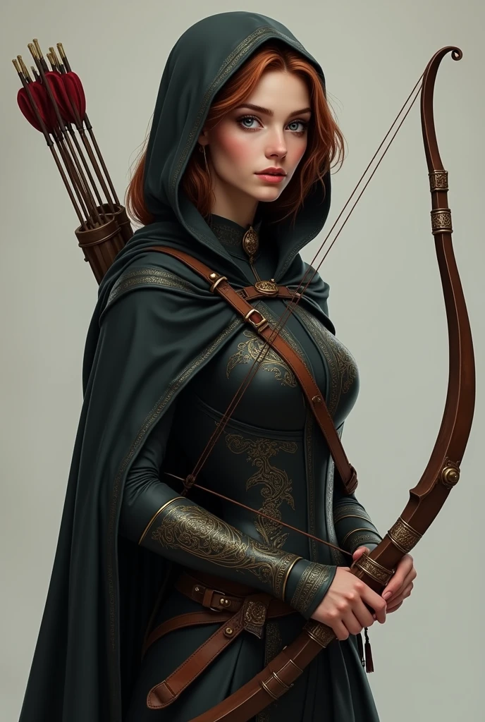 Draw a female half-elf with black eyes, Caucasian skin, black iris, little elf ears, chestnut hair, wearing a black cloak with gold details and a built-in hood holding a crossbow in his hands and a quiver on his back with a handful of arrows.