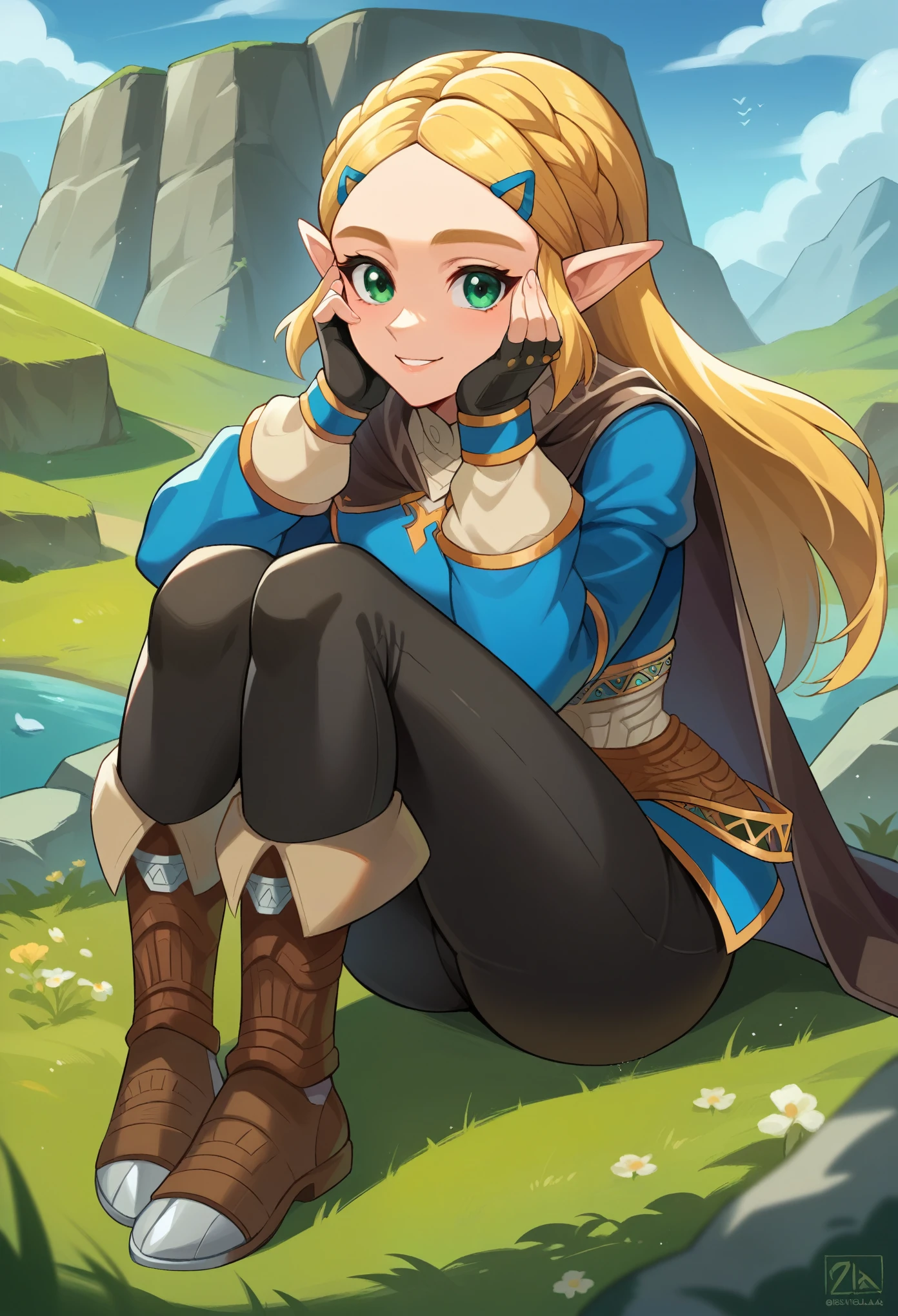 score_9, score_8_up, score_7_up, 1girl, solo, ZeldaSDXL, princess zelda, long hair, bangs, parted bangs, blonde hair, green eyes,pointy ears, black capelet, blue shirt, puffy sleeves, long sleeves, fingerless gloves, black gloves, black pants, tight pants, sitting on ground, knees up, hands on face, smiling, looking at you, landscape, 