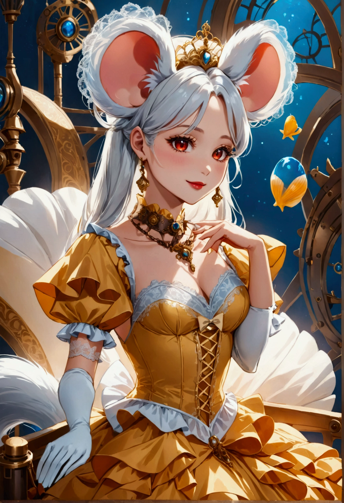 (best quality,4k,8k,highres,masterpiece:1.2), ultra-detailed, Pretty anthropomorphic mouse girl has a princess, drawn in anime style, steampunk, wearing a yellow princess mermaid gown with puffy sleeves, steampunk, gorgeous frilly dress design,flowing gown,elaborate lace details,rich textures,contrast stitching,delicate ribbon bows,floral accents, flowers embroidery, full skirt,short sleeves,fitted waistline,flared cuffs,lace-up back,luxurious fabrics,flawless silhouette, long curly white hair and red eyes, white fur, smiling, mouse ears and tail, high heels, white elbow gloves, gold bracelets, tiara made of seashells, red lipstick, eyeshadow, seashell necklace, sitting elegantly on a throne.