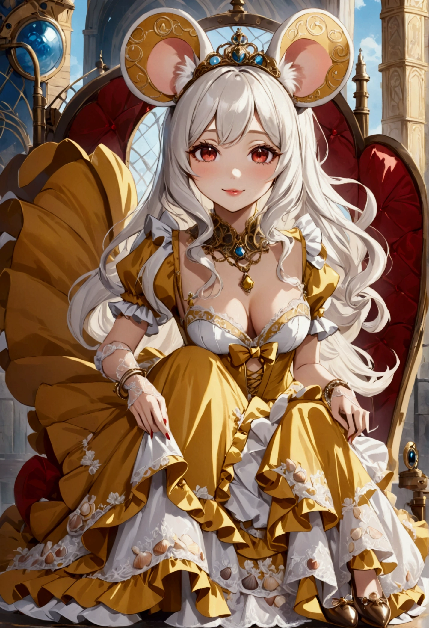 (best quality,4k,8k,highres,masterpiece:1.2), ultra-detailed, Pretty anthropomorphic mouse girl has a princess, drawn in anime style, steampunk, wearing a yellow princess mermaid gown with puffy sleeves, steampunk, gorgeous frilly dress design,flowing gown,elaborate lace details,rich textures,contrast stitching,delicate ribbon bows,floral accents, flowers embroidery, full skirt,short sleeves,fitted waistline,flared cuffs,lace-up back,luxurious fabrics,flawless silhouette, long curly white hair and red eyes, white fur, smiling, mouse ears and tail, high heels, white elbow gloves, gold bracelets, tiara made of seashells, red lipstick, eyeshadow, seashell necklace, sitting elegantly on a throne.