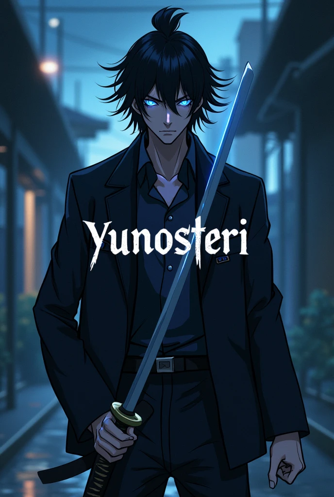 Man with black hair, whose eyes glow slightly and a katana in the night in anime style, in the middle of the picture the word Yunosteri