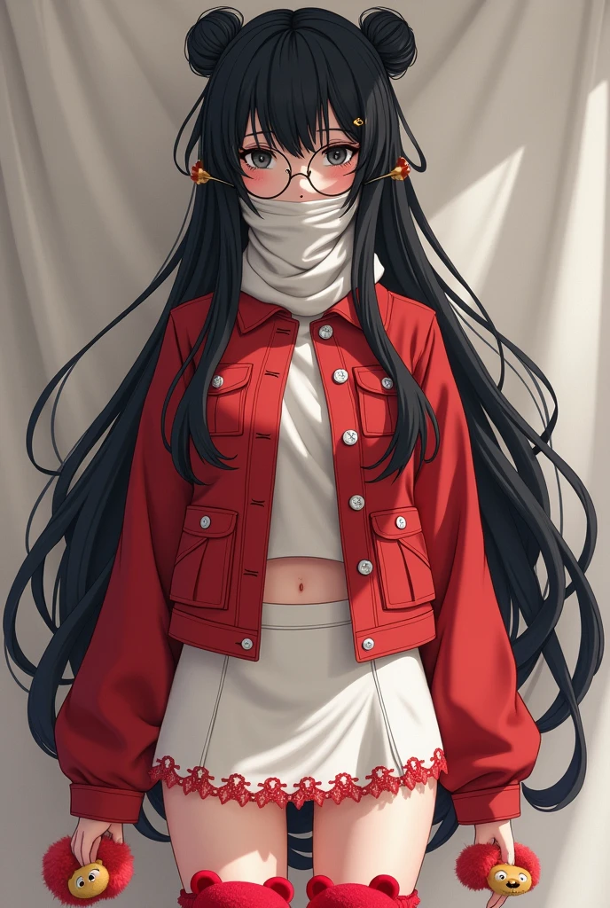 A female free fari character, black hair tied close to the neck with a golden hair tie and tied at the end of the hair with a golden hair tie, rosy cheeks, eyes black, round transparent glasses, a sheet that covers the mouth, a long-sleeved red denim jacket that shows off her belly, a short white tight skirt with red lace, a red teddy bear slipper on his feet.