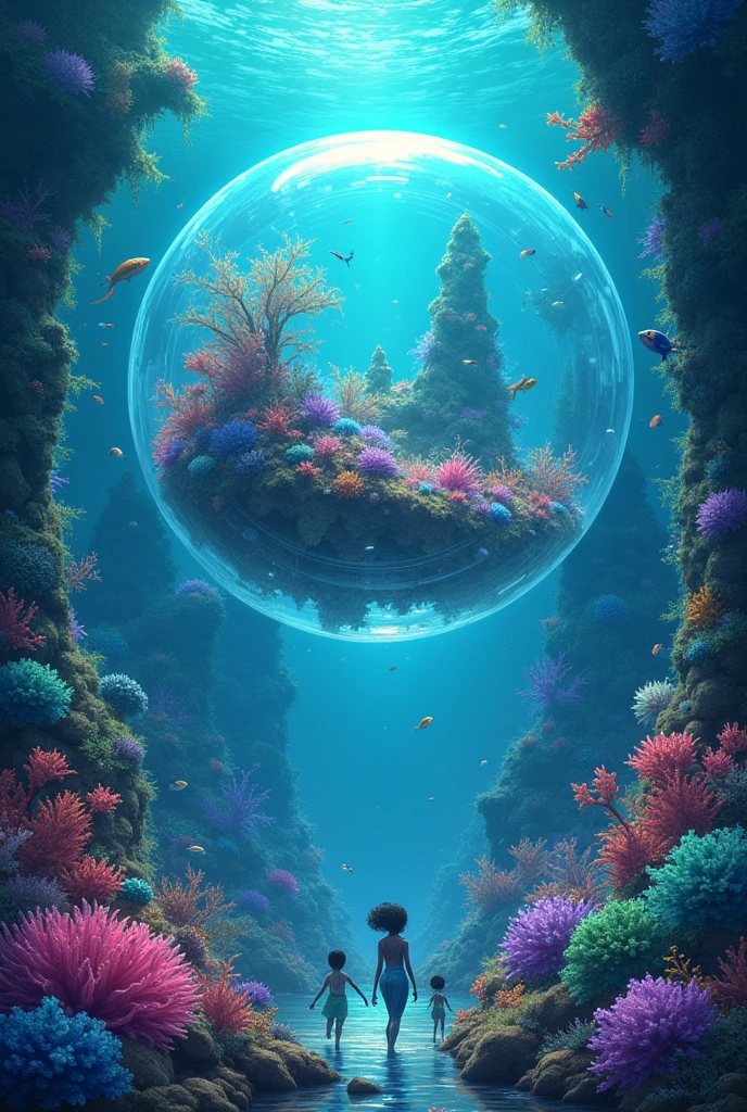 A fantasy world which is under a lake and is a very giant bubble, Within this there is a fantastic ecosystem with vibrant colors like cyan, violet, rosado, green, blue. En este mundo habran seres diminutos humanoides con piel blueada que se encuentran dentro de la burbuja.