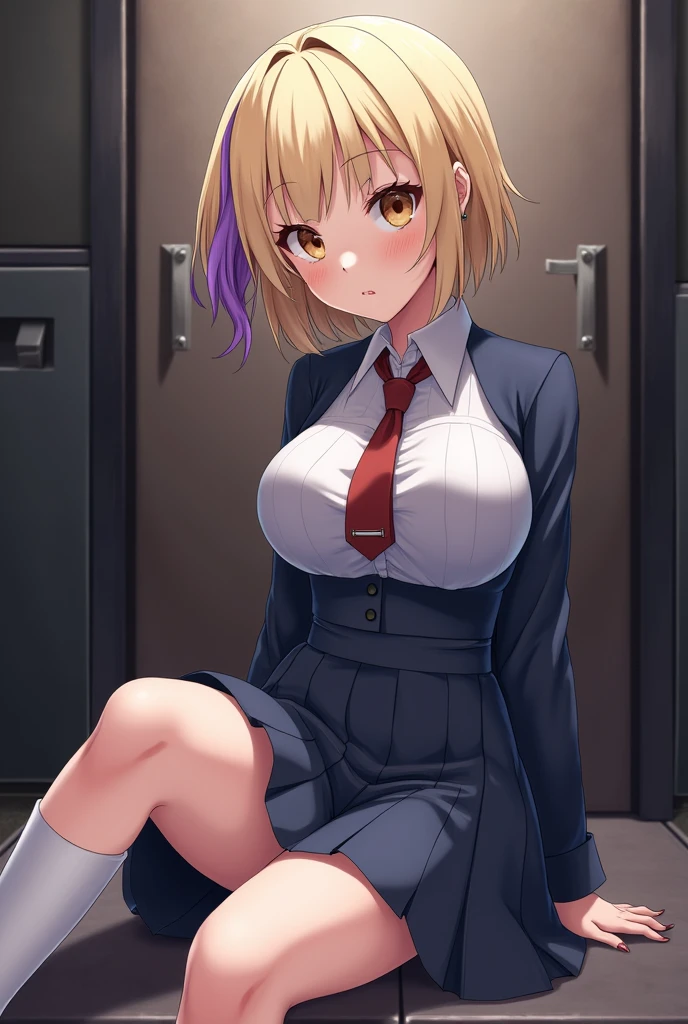 blonde, short hair, girl１, in the School classroom, (upper body), completely nude, (small nipples:1.2), (small areolas:1.2), kawaii, cute, purple eyes,(open white shirt),(shy), (blush),light smile