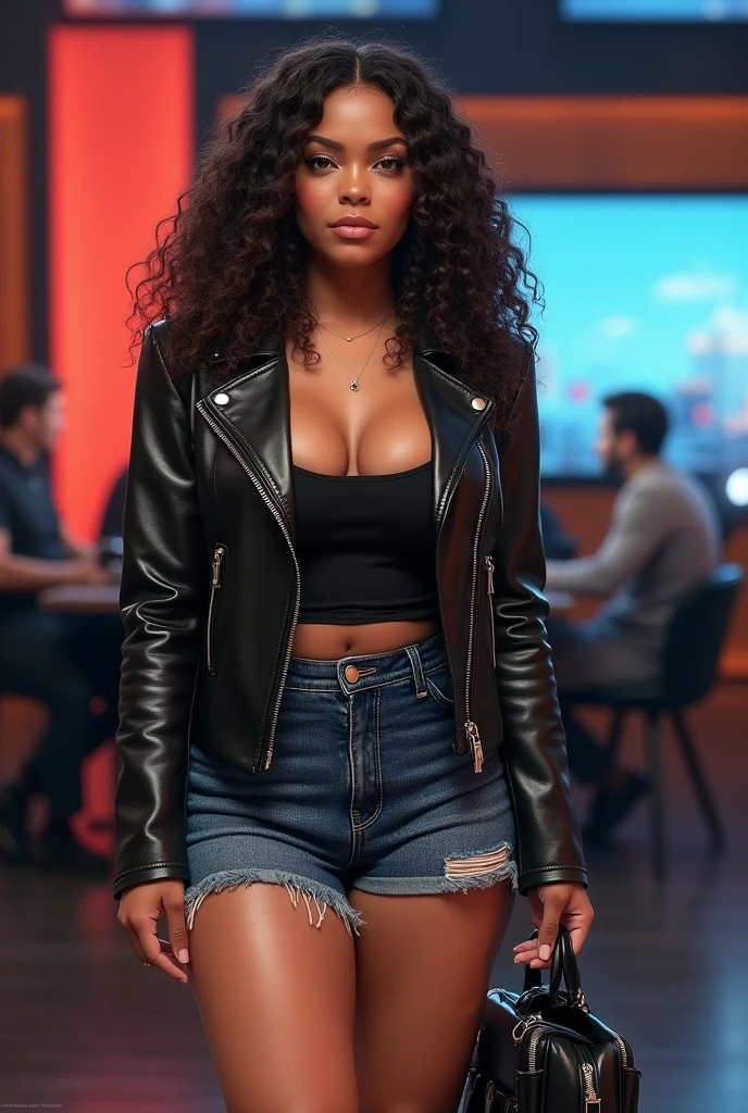 Femme cheveux frisé attaché veste cuir mini short jean grand sac a main, elle est grosse et presentatrice télévisée