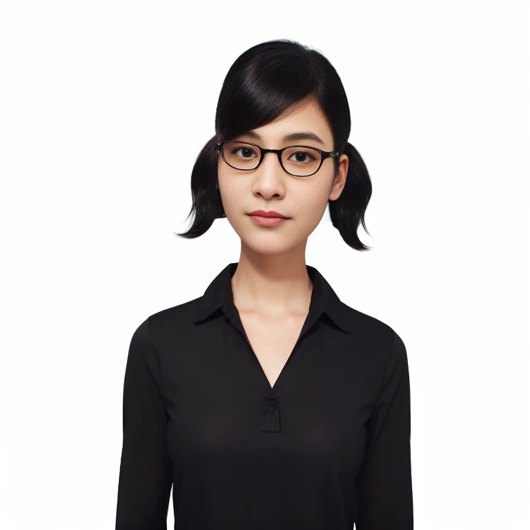 A close-up of a person wearing glasses and a black shirt, wearing Black frame glasses, Tina Belcher as a real person, Gordon Freeman as a woman, wearing big thin round glasses, Black frame glasses, inspired by Sim Sa-jeong, usando Black frame glasses, wearing small round glasses, long wavy black hair and glasses, androgynous person, adult character