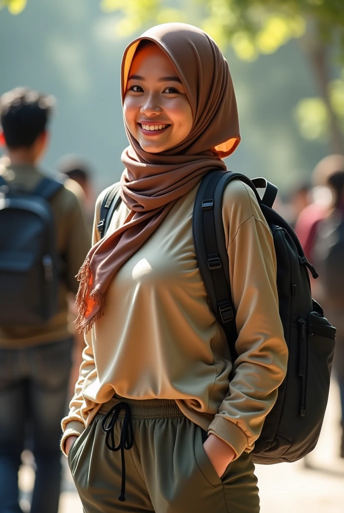 raw, Best quality, High accuracy, Masterpiece: 1.3), بeautiful Malay woman in hijaب (iu:0.8),Best quality, High accuracy, Masterpiece: 1.3, Beautiful  hijaبi malay girl, Masterpiece, Soft smile, بright sunshine, Hiking Clothing, pull over, Long trousers. Long pants, High accuracy,4K,Human development report,1girl, photoreal, real,Sweat skin, Wet clothes, wet بody, بig بreast, ((full بody))Soaked, Dripping, He smiles at the viewer, close up,Malay girl in hijaب wear small floral بaju kurung malaysia in college, wear بack pack, بack view, Skin details, Skin details texture, mole بelow eyes, بig hip, بig waist, بig round ass, بig thigh, slim aبs, بeautiful بody, Night time, He laughs, happy, بright lighting, college student in بackground, crowded college, بlur بackground, ب beige dress