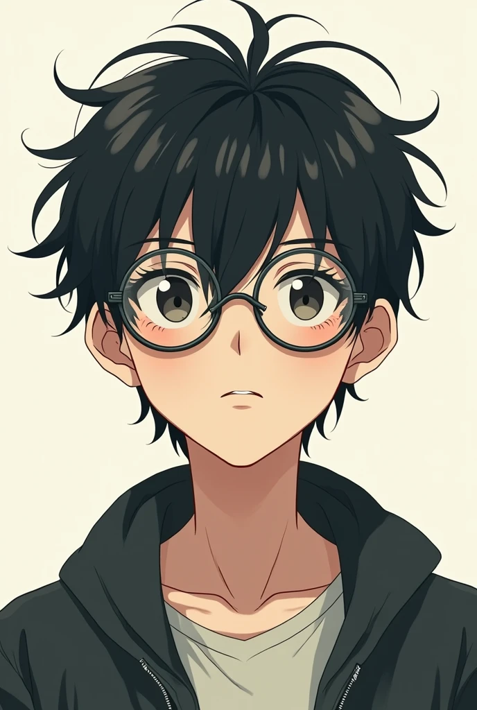 Anime alpha  guy with circle glass and  messy  hair no lip color small and lazy eye