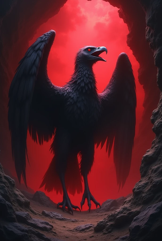 Vulture coming out of dark burrow with red smoke