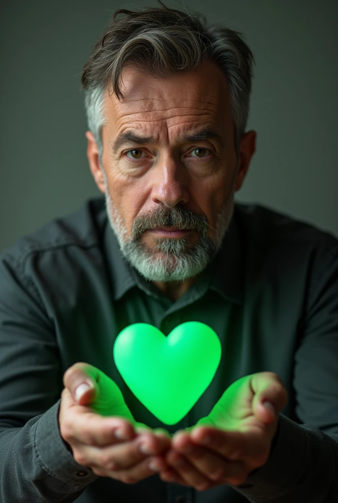 Man holding a green heart in his handsMan holding green heart in his hands and looking at camera