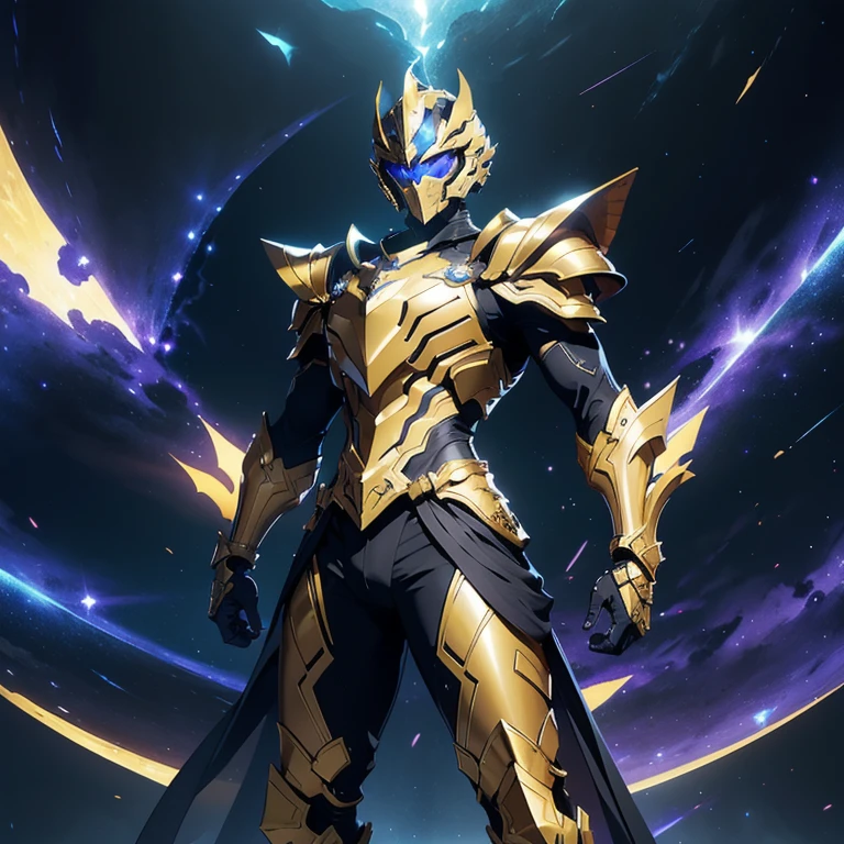 It's a man. The image presents a highly detailed and futuristic armor designed for a male warrior. The armor combines elements from different parts to create a cohesive and powerful look. Helmet: The helmet features a sleek, aerodynamic design with a golden metallic finish. It has a central crest that rises upwards, and the visor glows with a bright blue light, giving it a high-tech, futuristic appearance. Pauldrons (Shoulder Pads): The shoulder pads are designed to be close to the chest, with angular lines extending smoothly toward the shoulders. They have a polished golden finish and curve elegantly upward, creating a harmonious transition between the chest and shoulders, while providing a majestic and protective look. Chest Plate: The chest plate is intricately segmented, with a combination of gold and dark metallic blue. It has a gem-like crystal in the center that emits a soft, mystical glow. The design of the chest plate is both protective and regal, with sharp, angular lines that add to the overall futuristic aesthetic. Arm Guards: The arm guards are sleek and streamlined, with articulated golden and purple segments that offer flexibility and protection. The design of the gauntlets is both robust and elegant, incorporating futuristic elements that blend with the classic style. Leg Armor: The legs are armored with segmented plates that are primarily gold and purple. The boots are angular and sturdy, with a design that conveys both strength and agility. The overall look of the leg armor is grounded yet sleek, completing the ensemble with a powerful stance. The background of the image is a dark cosmic scene, filled with distant stars and nebulae that highlight the polished surfaces of the armor. Dynamic lighting is used to emphasize the key features, particularly the glowing visor and central chest gem, reinforcing the mystical and imposing nature of the warrior.