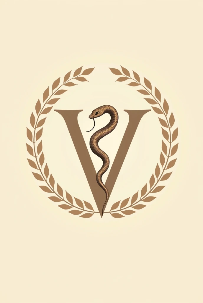 Asclepius: The snake wrapped around a branch. In the coat of arms of veterinary medicine in beige color Branches and laurel leaves: These branches usually surround the main symbol., in beige color With the letter V behind it. Full beige