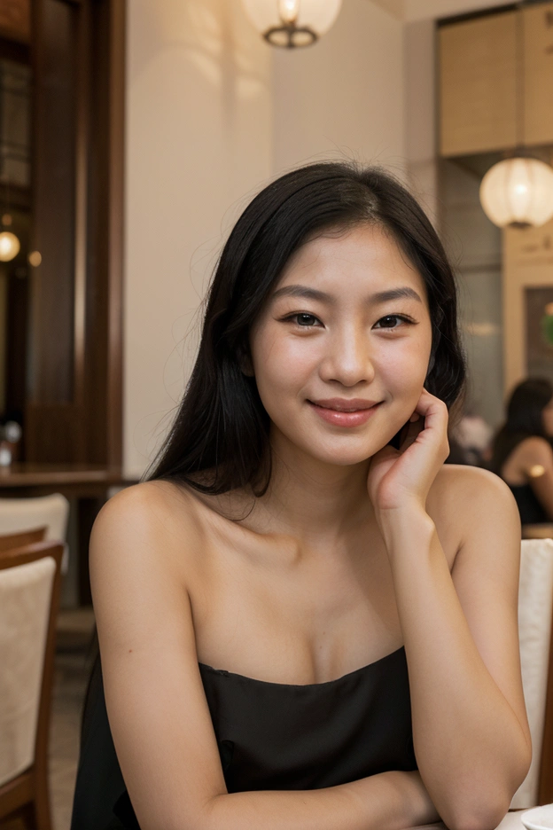 real photography, em close, of an oriental girl, Caucasian skin, Soft Face, 30years, black hair until the shoulders, Grinning, resting your chin on your hand, sitting at a restaurant table, elegantly dressed.
