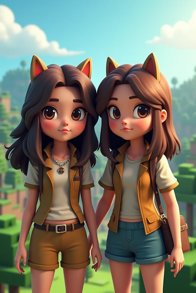 YouTube channel cover with the Minecraft theme where there is the skin of two brunette girls with medium hair, brown eyes and matching clothes 
