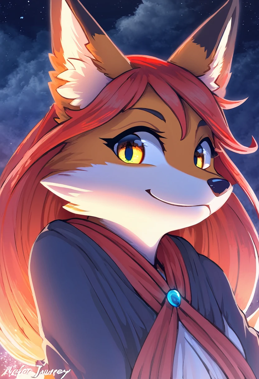 red fox, vixen, beautiful, friendly smile, gazing at viewer, night, highres, unparalleled masterpiece, perfect artwork, absurdres, rzminjourney, vector-art, masterpiece)(kemono, furry anthro), round