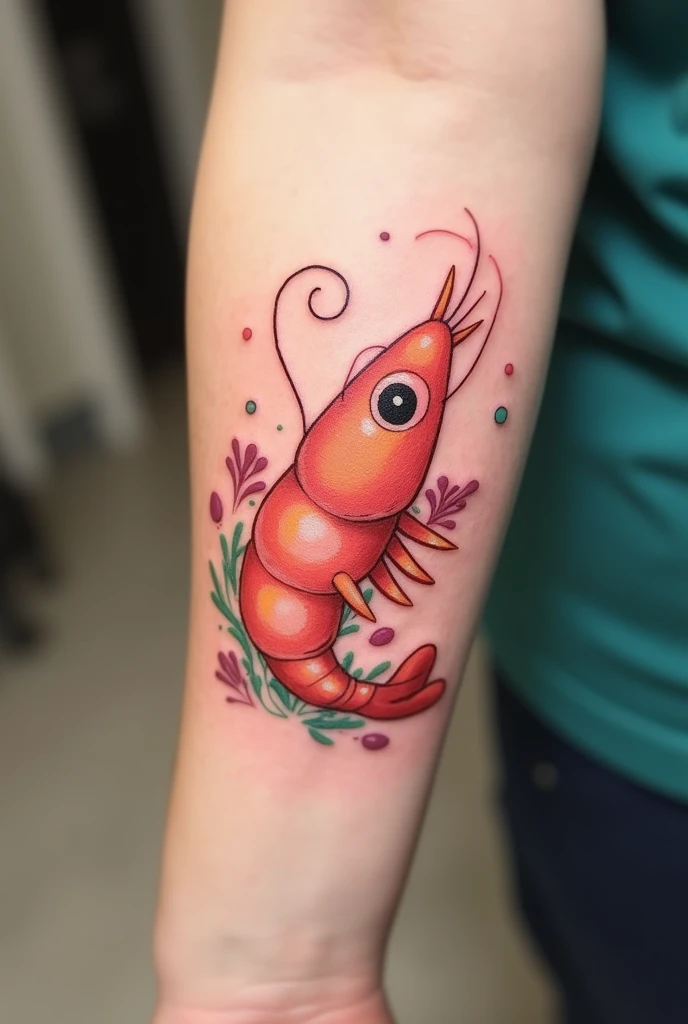 Cute shrimp tattoo on forearm