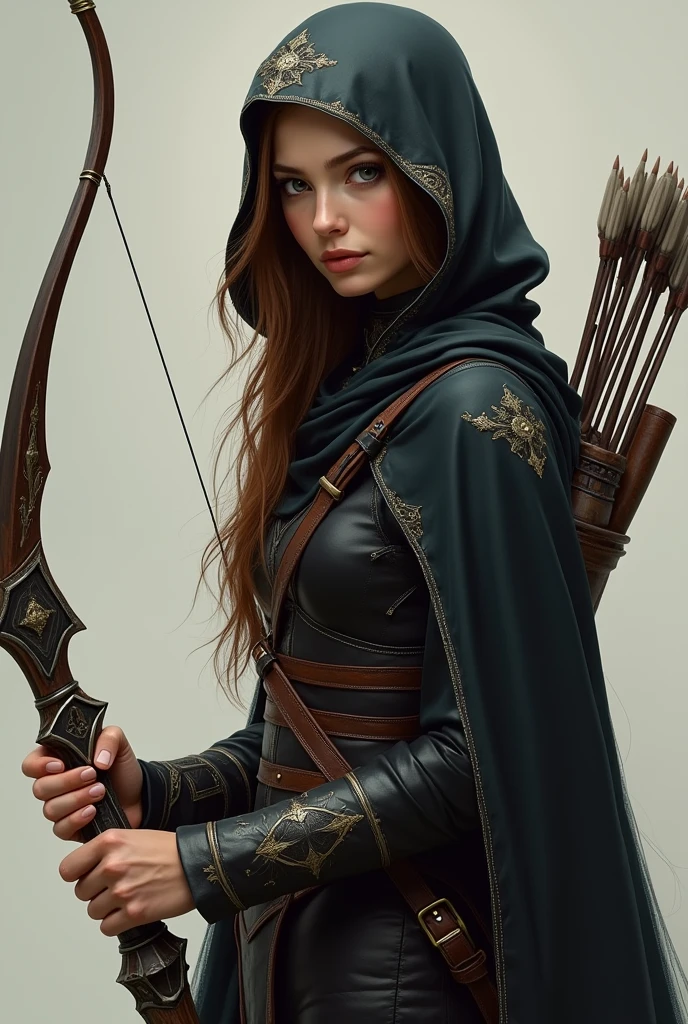 Draw a female half-elf with black eyes, Caucasian skin, black iris, little elf ears, chestnut hair, wearing a black cloak with gold details and a built-in hood holding a crossbow in his hands and a quiver on his back with a handful of arrows.