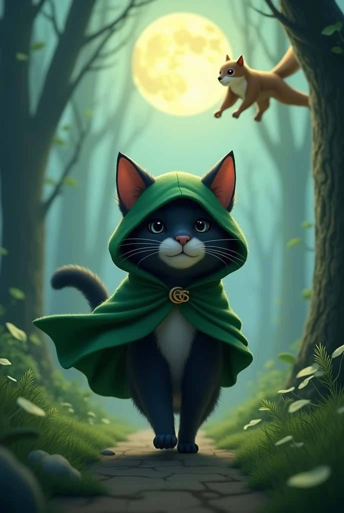 Homme chat avec le pelage noir et les babines blanche .dressed in a green prowler-style cape equipped with a hood that lets the ears through Nose up as a flying squirrel passes from one tree to another In the background a forest illuminated by moonlight