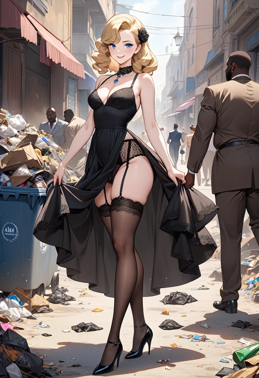 Nsfw,masterpiece,full body, small size head, Stunning elegant Blonde lady, 1940s hairstyle,pale skin, blue eyes, stunning, smile face, brown stockings, she wear lace black dress,black garter belt ,black stilettos , jewels,thick calves, thick legs , big ass. She is walking through a Lot of garbage and african men.