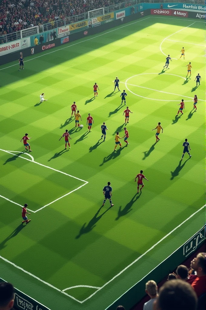 Generate a drawing of the soccer field and place its dimensions and positions of the players.