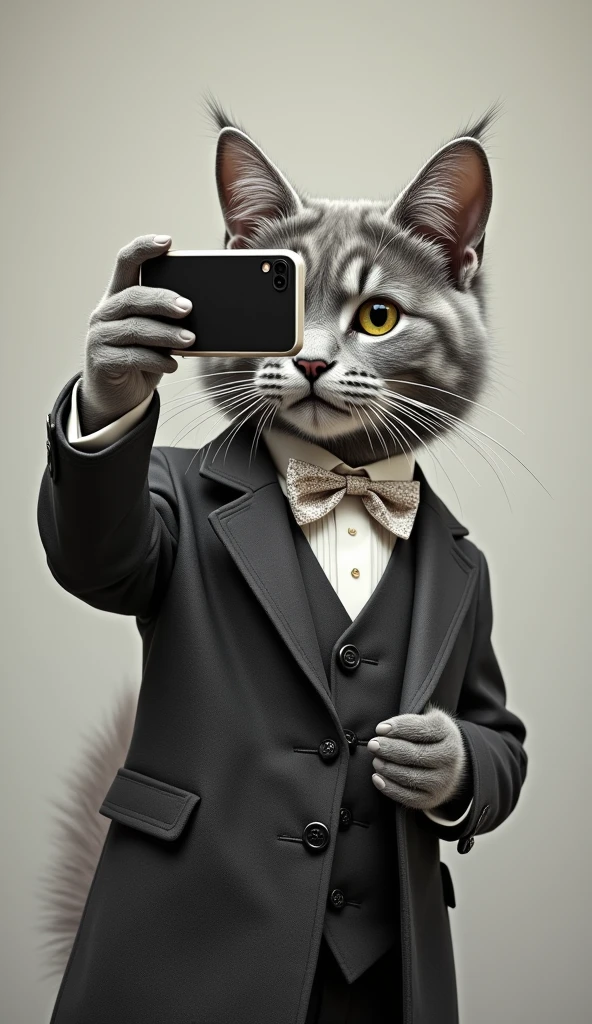 a grey cat wearing  a fancy clothe taking pictures with is phone