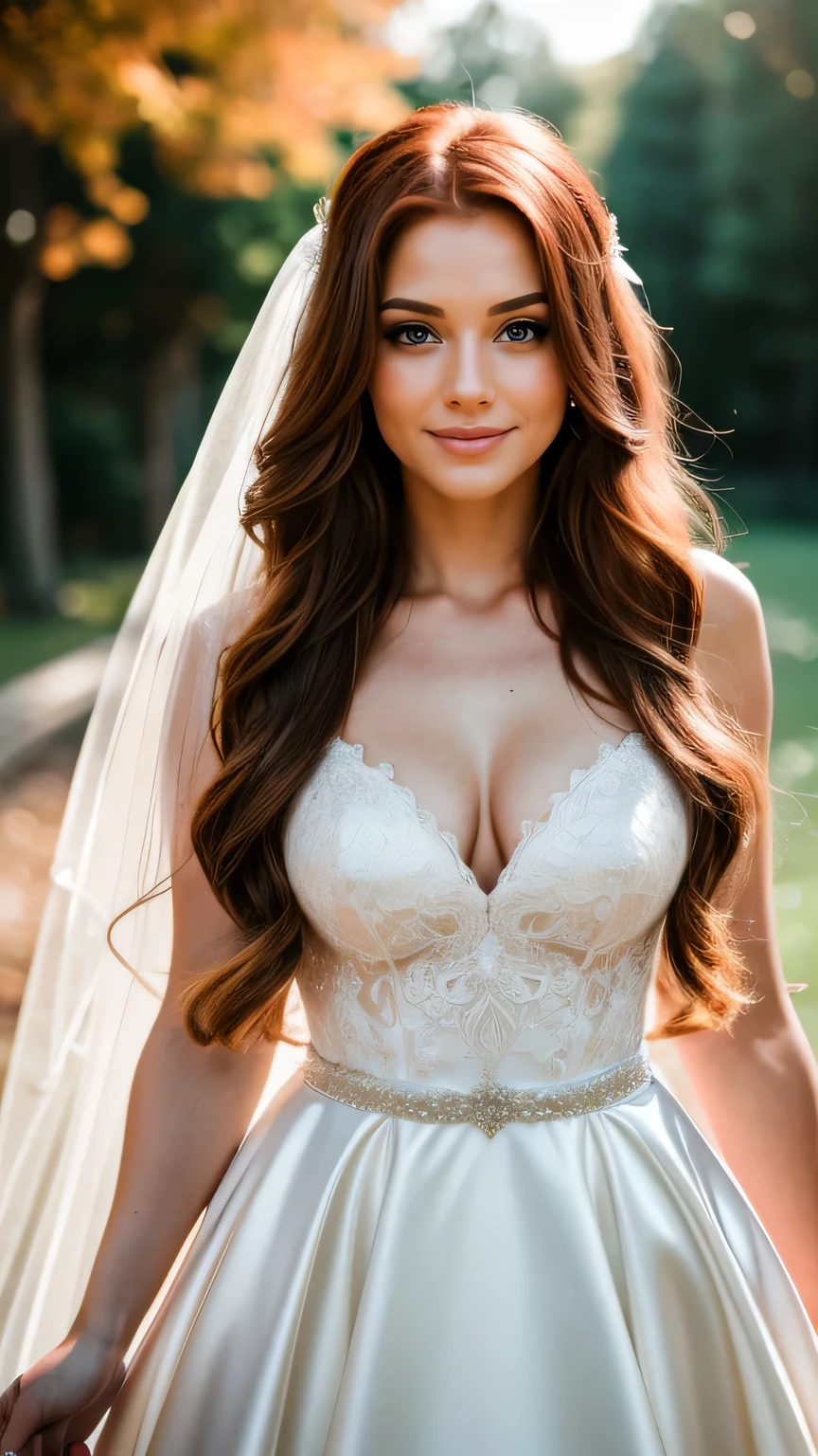 Realistic full body photo of a smiling redhead woman with long hair, She dances in front of the camera in a long A-line wedding dress with straps made of shiny satin., Park,glamour fotoshooting, Wedding celebration, perfect anatomy, perfect green eyes. Perfect hands with 5 fingers on each hand, Matching girl, look into the camera, 1 Frau. (Eye make up:1.1), (highly detailed skin:1.1), spirit, analog style, keen focus, 8K  UHD, dslr, good quality, Fujifilm XT3, Grain, Award-winning, ​masterpiece. Wedding celebration