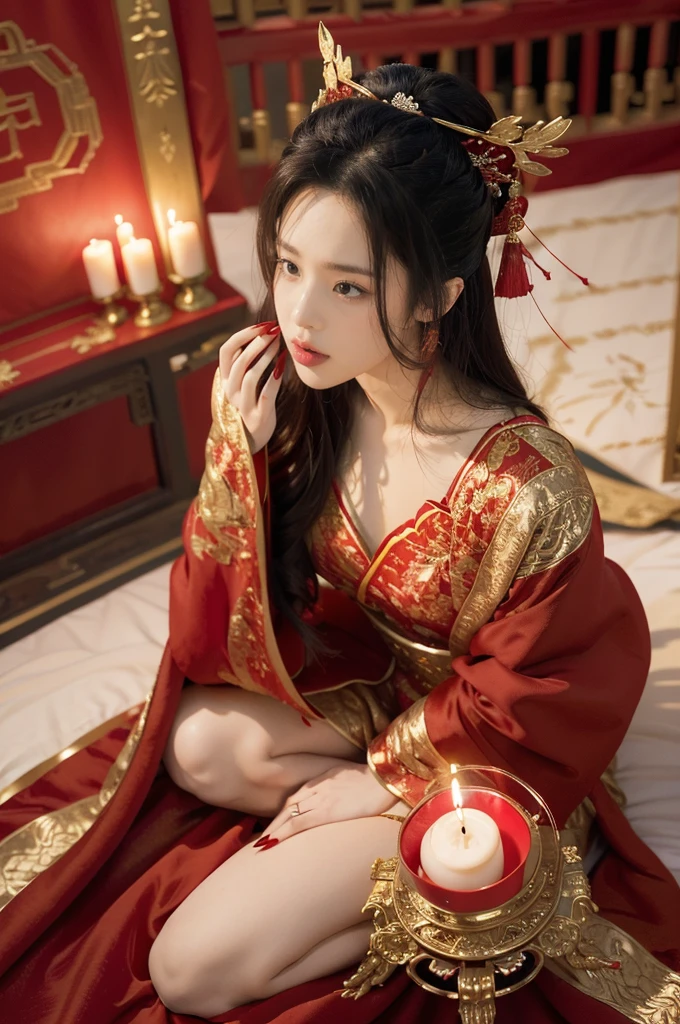 (ultra realistic 8k CG:1.2),perfect artwork,delicate pattern,intricate detail, (unparalleled masterpiece,best quality:1.2),(extremely intricate:1.2),a woman in a red and gold dress, Phoenix crown,hair stick,(sitting on red bed),Cosmetic,blush,shy,black_hair, looking down, Cosmetic,(forehead dot),(2 red candles), chinese_clothes, curtains, earrings, hair_ornament, hanfu, indoors, jewelry, red nails, long_sleeves, red dress, red lips, tassel, (Red quilt),(red palace:1.2),(ancient Chinese architecture),(red:1.8),night