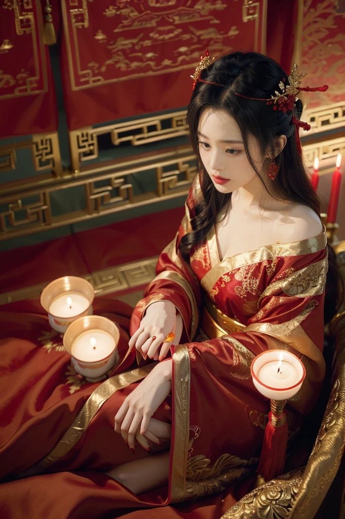 (ultra realistic 8k CG:1.2),perfect artwork,delicate pattern,intricate detail, (unparalleled masterpiece,best quality:1.2),(extremely intricate:1.2),a woman in a red and gold dress, Phoenix crown,hair stick,(sitting on red bed),Cosmetic,blush,shy,black_hair, looking down, Cosmetic,(forehead dot),(2 red candles), chinese_clothes, curtains, earrings, hair_ornament, hanfu, indoors, jewelry, red nails, long_sleeves, red dress, red lips, tassel, (Red quilt),(red palace:1.2),(ancient Chinese architecture),(red:1.8),night