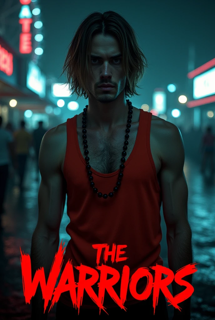 Movie poster style image with dark background and minimal lighting, highlighting a single male subject in the foreground. The subject has white skin and wears a bright red sleeveless vest with light brown hair down to his shoulders. He also has a necklace with large beads. The text 'The Warriors' is prominently displayed in bold, red graffiti-style font at the bottom of the image. In the background, there are faint outlines of buildings and a ferris wheel, contributing to the urban night scene.