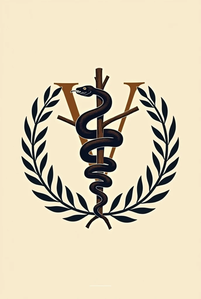 Asclepius: The snake wrapped around a branch. In the coat of arms of veterinary medicine in beige color Branches and laurel leaves: These branches usually surround the main symbol., in beige color With the letter V behind it
