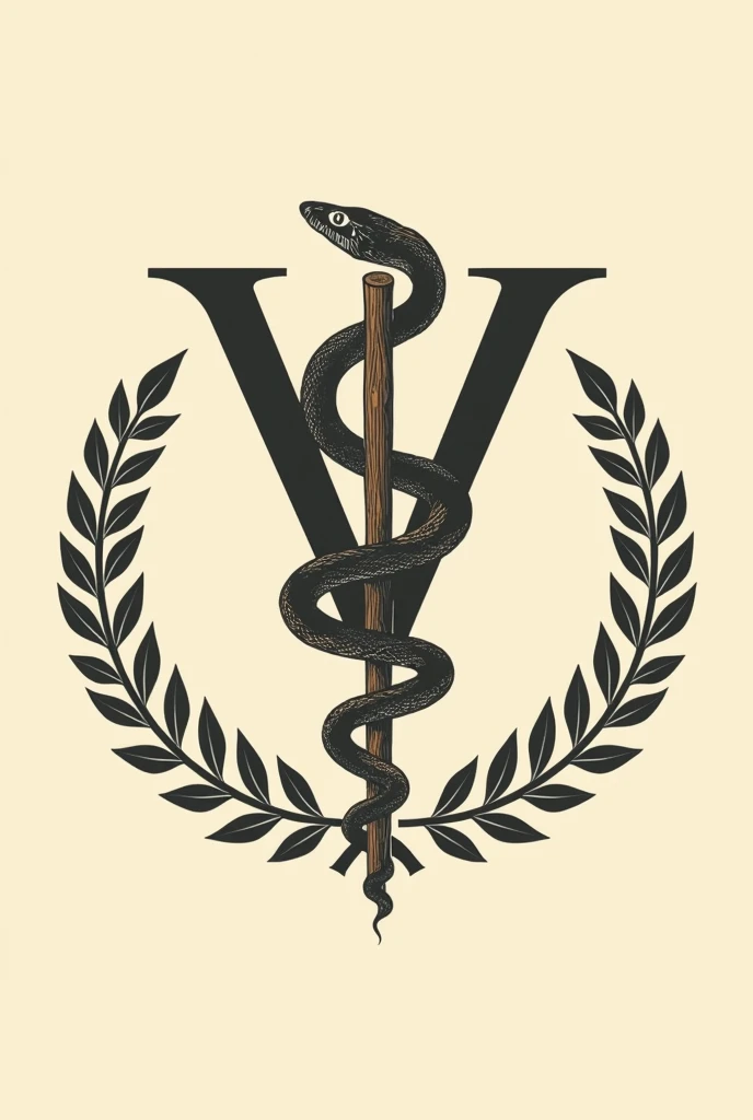 Asclepius: The snake wrapped around a branch. In the coat of arms of veterinary medicine in beige color Branches and laurel leaves: These branches usually surround the main symbol., in beige color With the letter V behind it