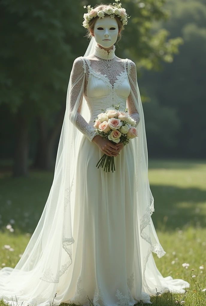 completely hidden face misterious white arabic woman wearing 2 eye holes white ski mask covering mouth and nose, without hair, wearing beautiful modest high neck victorian style long white wedding dress, lace long sleeves, shoulder, breast and neck hidden by lace, victorian style high up collar, high hills sandals, sunny day, wreath over head, bracelet, neck chain, bouquet of flowers on hands