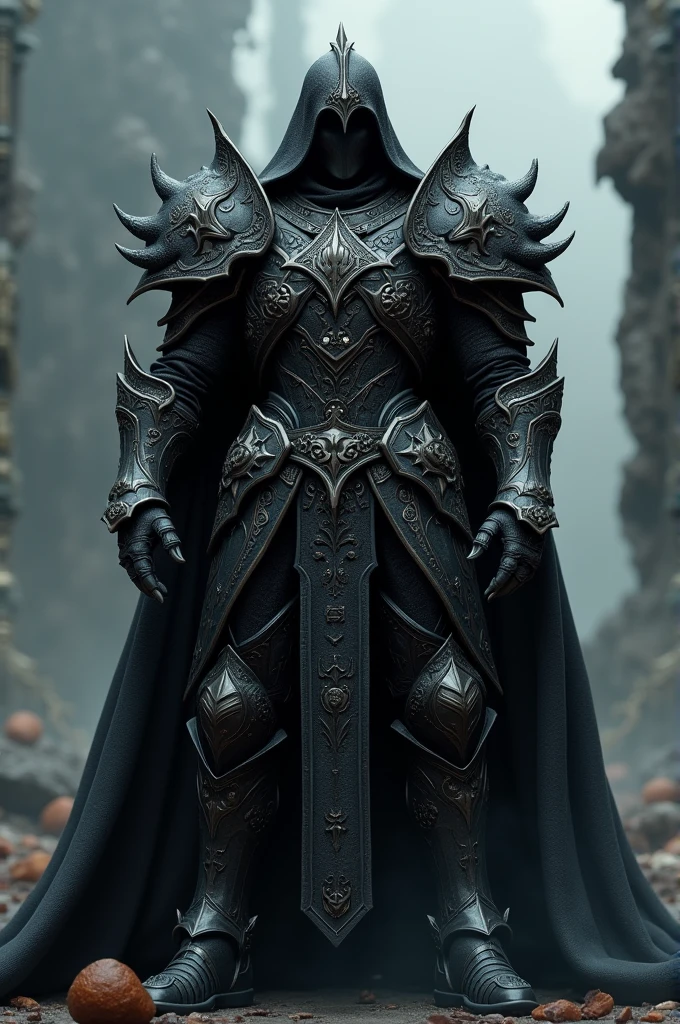 realistic dark fantasy warrior in black suit, intricate detailed armor, dark fantasy, hyper-detailed, 4k, high quality