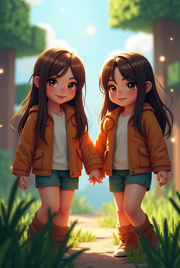 YouTube channel cover with the Minecraft theme where there is the skin of two brunette girls with long hair, brown eyes and matching clothes