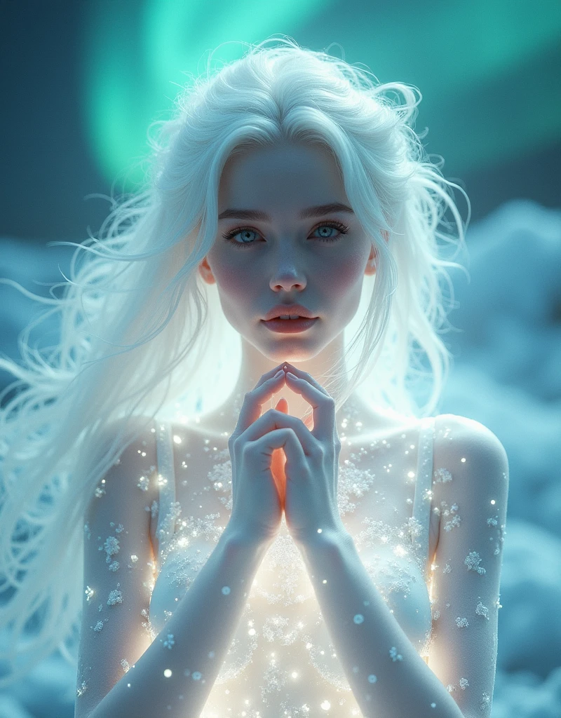 masterpiece,Distinguished Quality,Mirror-like,Cinematic Experience,insanely detailed,absurdres),8k,wallpaper,(Ray Tracing),1 female,,Beautiful Shii Women,(God the Lady of Light is floating in the air:2.0),(front:2.0),”(A body made up of white light particles:2.0)”,BREAK(White Hair:2.0),(White skin:2.0),Portrait of a goddess,(god々Shii:2.0),(fantasy digital art:2.0),(Upper body close-up:2.0),(super sexy:2.0),(Diffuse reflection of light:2.0),BREAK(The background is the beautiful Aurora:2.0),(Beautiful face,Detailed face,Beautiful skin texture:1.3,Beautiful Hair),(Detailed hands:2.0),(Beautiful hands:2.0)