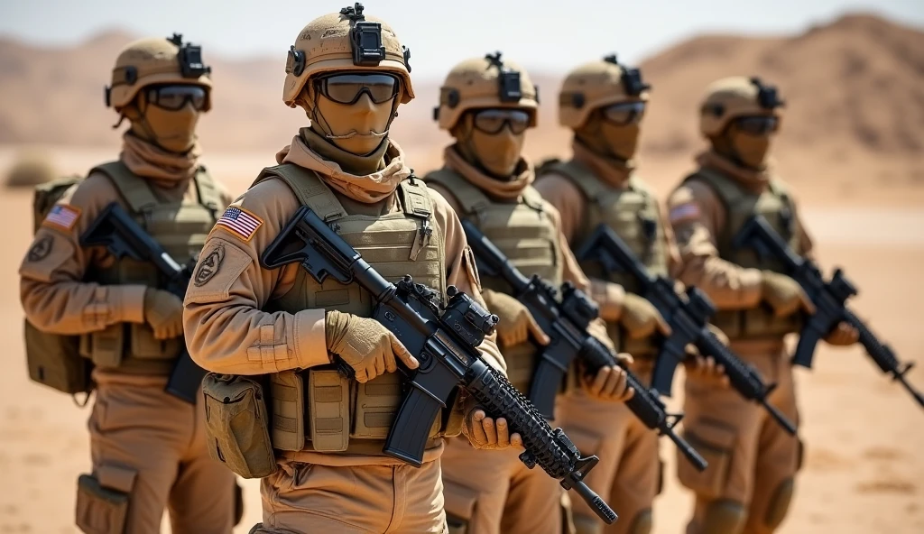 high quality photograph of a group of special forces operatives standing in a row in a desert-like environment, their appearance adapted to blend seamlessly with the surroundings. They are dressed in desert camouflage uniforms, designed to provide both protection and concealment in arid conditions. Lightweight tactical helmets and balaclavas, in matching desert tones, partially conceal their faces. Each operative carries an M4A1 LVOA-C carbine, equipped with suppressors and red dot sights. Although their gear varies slightly, their equipment is consistent, emphasizing their professionalism. Their confident stances and the way they stand together as a unit convey their strong sense of camaraderie and readiness for any mission in this challenging environment.