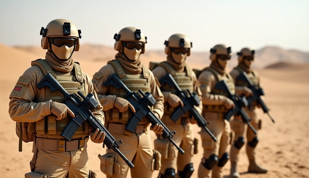 high quality photograph of a group of special forces operatives standing in a row in a desert-like environment, their appearance adapted to blend seamlessly with the surroundings. They are dressed in desert camouflage uniforms, designed to provide both protection and concealment in arid conditions. Lightweight tactical helmets and balaclavas, in matching desert tones, partially conceal their faces. Each operative carries an M4A1 LVOA-C carbine, equipped with suppressors and red dot sights. Although their gear varies slightly, their equipment is consistent, emphasizing their professionalism. Their confident stances and the way they stand together as a unit convey their strong sense of camaraderie and readiness for any mission in this challenging environment.