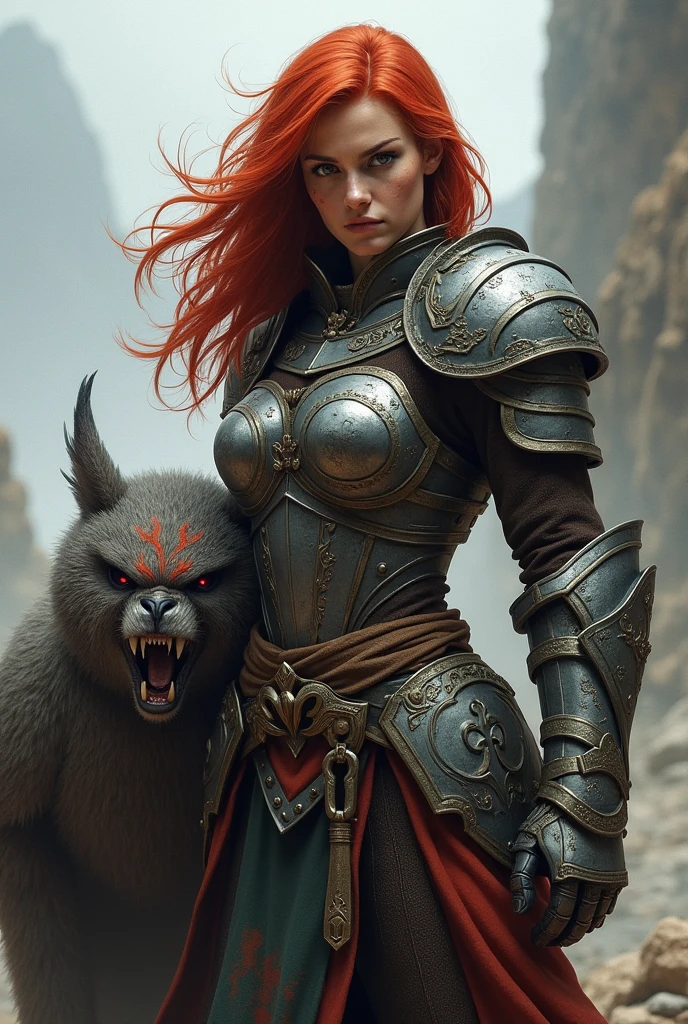 Create of an armored warrior with red hair , she is strong , white skin wears heavy armor shield and a short sword besides always having a wild owlbear with you scarred gray bear with an evil face 