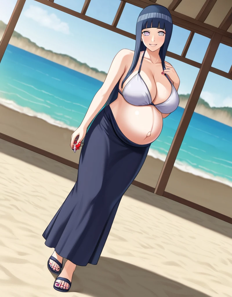 HYUUGAHIN, LIGHT GRAY TOP, "BLACK LONG HAIR", BLUE EYES, 1GIRL, BLUNT BANGS, Hinata Hyuga, Naruto: The Last, long indigo hair, straight hair, soft bangs, pale lavender eyes, mature, refined, elegant,
high-quality, ultra-detailed, beast quality, 8K resolution, anime style, beach,
looking at viewer, dutch angle, cowboy shot, smile, pregnant belly, large belly, big belly, big Breasts, belly button, bikini, skirt,
1girl,solo, indoors, happy, Smiling, rub belly,
full body, Nail polish, 