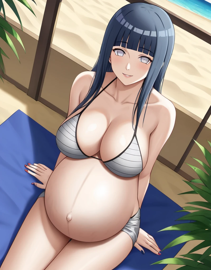 HYUUGAHIN, LIGHT GRAY TOP, "BLACK LONG HAIR", BLUE EYES, 1GIRL, BLUNT BANGS, Hinata Hyuga, Naruto: The Last, long indigo hair, straight hair, soft bangs, pale lavender eyes, mature, refined, elegant,
high-quality, ultra-detailed, beast quality, 8K resolution, anime style, beach,
looking at viewer, dutch angle, cowboy shot, smile, pregnant belly, large belly, big belly, big Breasts, belly button, bikini, skirt,
1girl,solo, indoors, happy, Smiling, rub belly,
full body, Nail polish,
