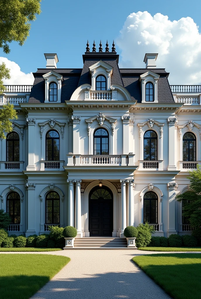 Make a realistic black and white facade for a richer mansion in the French style. The facade, which is black and white, can have colors like the sky, for example, and grass on the floor.