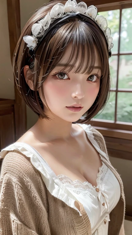 Highest quality, Face Focus, Soft Light, Ultra-high resolution, (Realistic:1.4), RAW Photos,
One of the Japan, alone, cute, (pupil, light in your eyes), Beautiful face in every detail, (Gothic Maid Outfit、Headdress、Very fine lace),(High resolution detail of human skin texture),
(Bobcut)、Loose and fluffy hair、
indoor,
cardigan、sheer
(Portraiture)