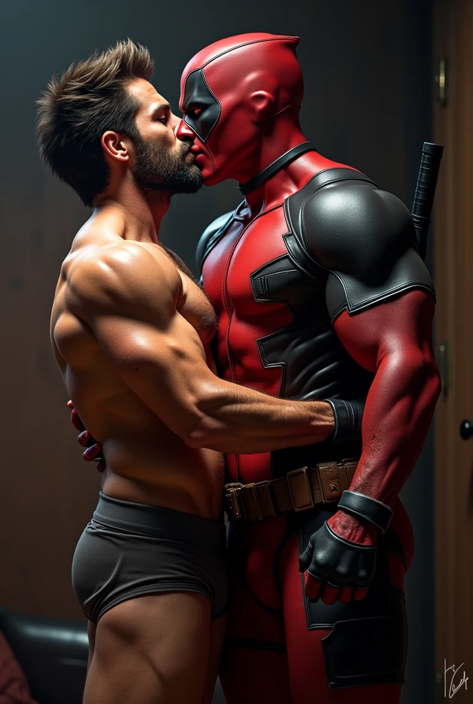 Wolverine in boxers kissing Deadpool in tight underwear