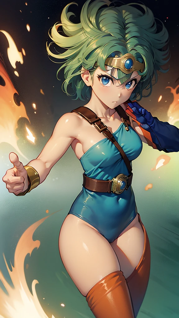 （（（ＳＦＷ、sound、Highest quality、Top notch work、Normal body、、Detailed face、Ultra-precision、Normal hand、のrefer、５refer、Highest）））、beautiful girl、Green Hair、yamato nadeshiko、Small breasts、Shortcuts、Blue leotard、Muscular、Red Cape、Circlet、Dragon Quest、Female Heroes、 Fight、Fight準備完了、Sweep with a sword、Please put your hands together in front of you.、Place your hands behind your back、Please put your hands on your hips、cover your chest with your hands、((Executed perfectly:Frame yourself from head to toe,Standing posture,Draws in great detail、There is no anatomical problem))、