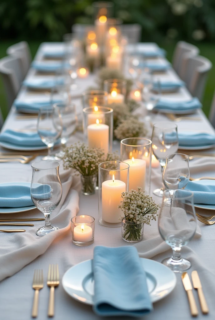 Tischdeko für ae Hochzeit im Mai
- Farbkonzept: light blue/White/ beige,
-modern
- afache Zylinderförmige Windlichtern aus Glas mit Kerzen befüllt
- es stehen immer 2-3 Windlichter in unterschiedlichen Größen zusammen
- azelne Blumen in Vasen
- Die Blumen nicht in großen Sträußen sondern jeweils maximal 3 im aer Vase.
- The tables are for 12 people.
-Mit aem hellbeigen Laen Tischtuch, dass locker auf dem Tisch liegt
- light blueen Laen Servierten.
- The tables are 80cm wide.
- Set the table with dishes, Cutlery and glasses (Wasser- und Waglas) a.
opinion: Overview of the whole table from above
