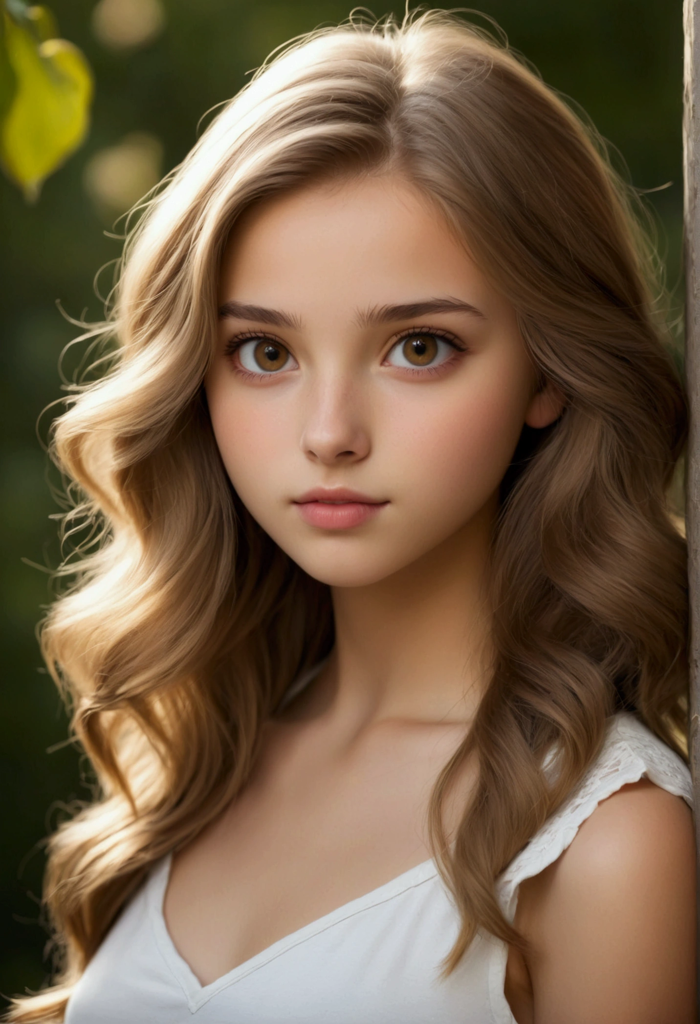 Average height, 18-years old, skin fair, dark blond hair, Innocent light brown eyes, full mouth